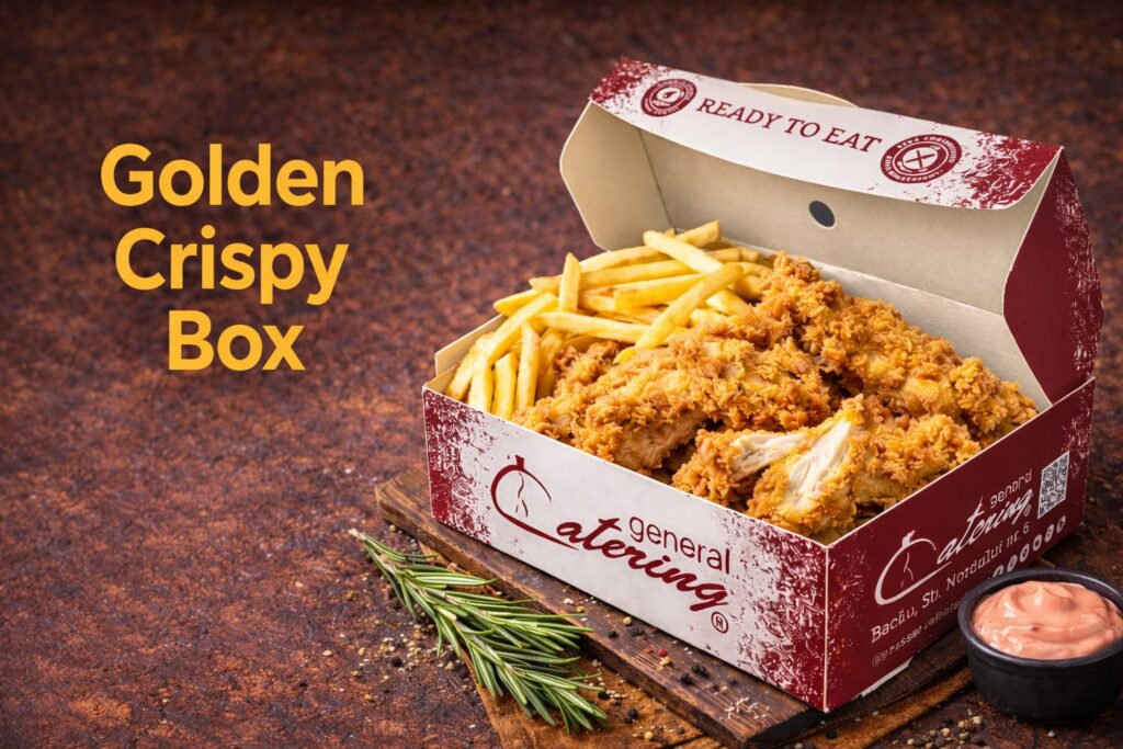 Box General Catering Golden Crispy Box cu crispy strips de pui, cartofi prajiti si sos roze